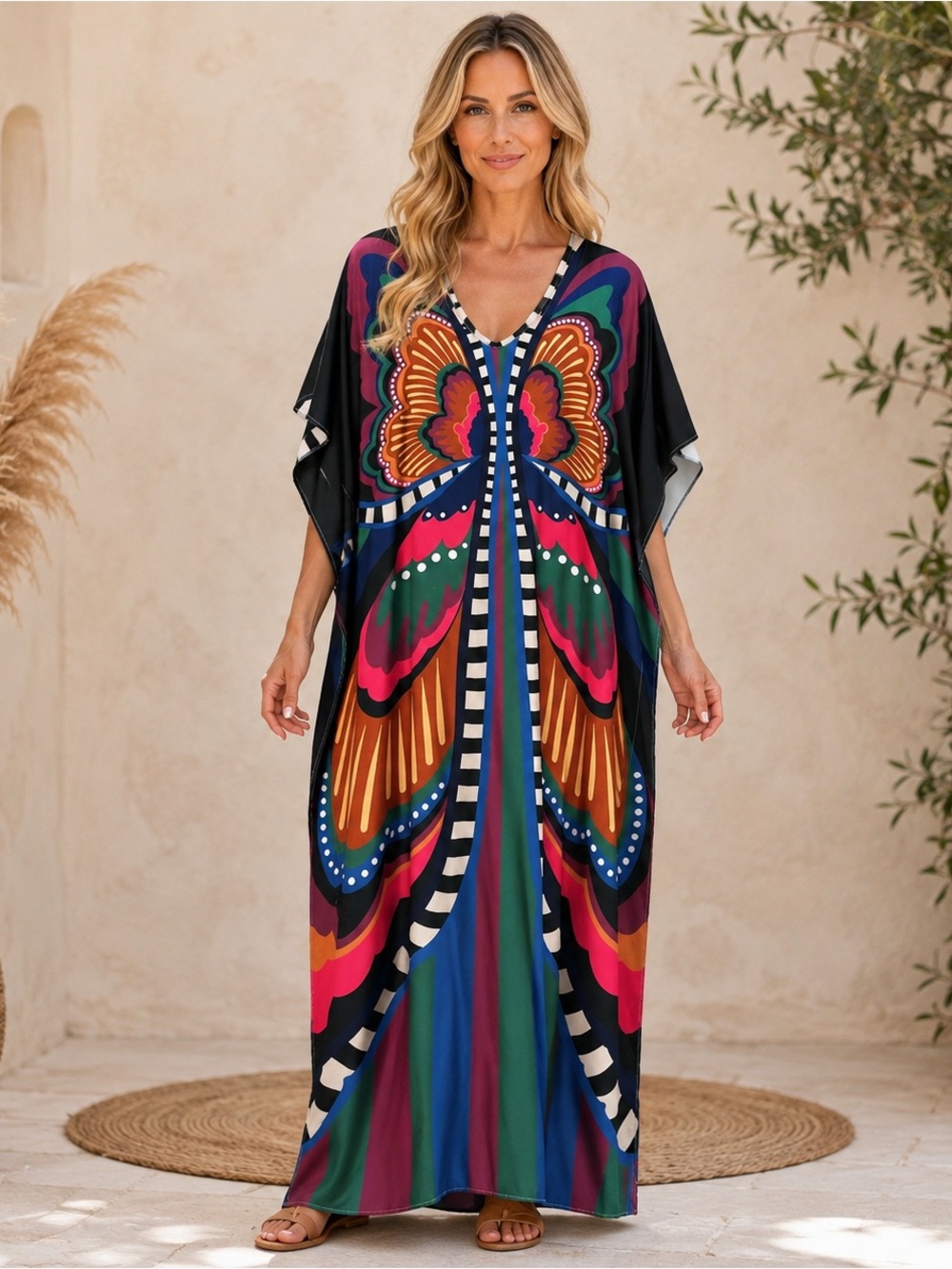 Boho Women’s Multicolor Butterfly Maxi Swim Cover-Up Caftan plus Size
